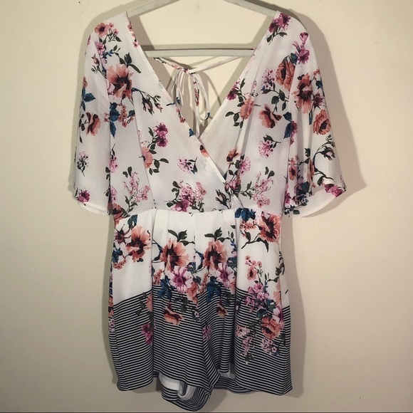 Blue Rain Floral and Striped Open Back Romper Medium - Picture 3 of 8